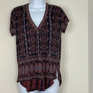 Lucky Brand Women's Bohemian Top, Geometric Print V Neck Short‎ Sleeve Blouse